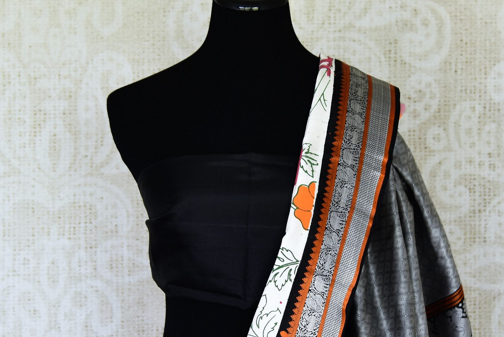 Shop stunning off-white floral print Gadhwal silk saree online in USA. Be the center of attraction at parties and weddings in exclusive Kanchipuram silk sarees, pure silk sarees, handloom silk sarees, Banarasi silk sarees from Pure Elegance Indian fashion store in USA.-blouse pallu