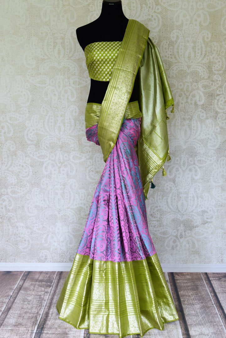 Shop gorgeous lavender Kanjivaram sari online in USA with green zari border. Be the center of attraction at parties and weddings in exclusive Kanchipuram silk sarees, pure silk sarees, handloom silk sarees, Banarasi silk sarees from Pure Elegance Indian fashion store in USA.-full view