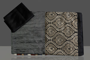 Buy beautiful grey tussar raw silk sari online in USA with black zari border. Keep your Indian wardrobe update with exclusive designer sarees, pure silk sarees, handloom silk sarees, Banarasi sarees from Pure Elegance Indian fashion store in USA.-blouse