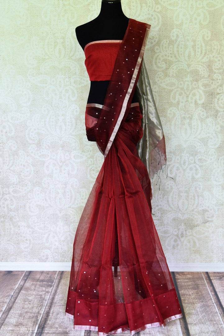 Shop stunning red muslin matka silk sari online in USA with silver aanchal. Be the center of attraction on special occasions in beautiful handloom sarees, matka silk sarees, pure silk saris, Kanchipuram silk sarees, south silk sarees from Pure Elegance Indian saree store in USA.-full view
