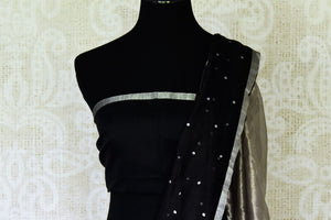 Shop beautiful black muslin matka silk saree online in USA with silver aanchal. Be the center of attraction on special occasions in beautiful handloom sarees, matka silk sarees, pure silk saris, Kanchipuram silk sarees, south silk sarees from Pure Elegance Indian saree store in USA.-blouse pallu