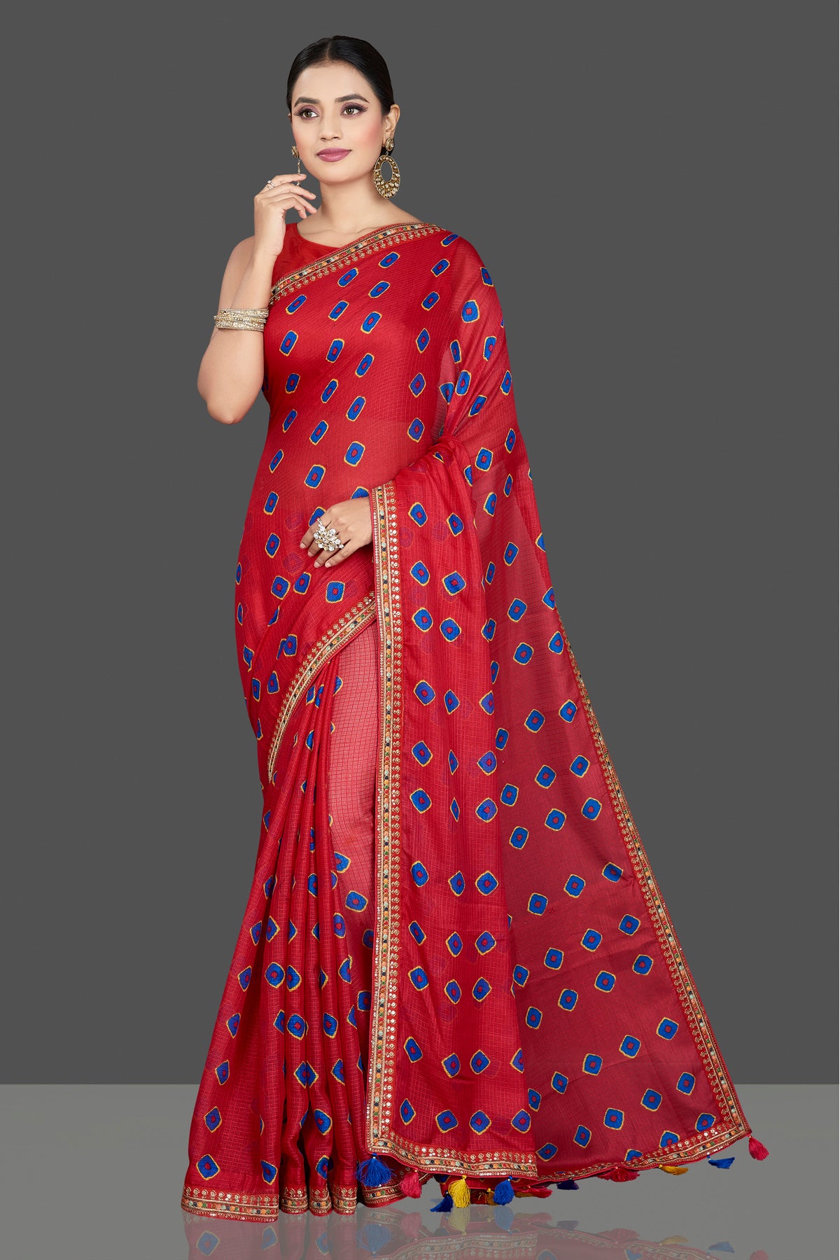 Shop stunning red Kota silk saree online in USA with lace border. Be the center of attraction on special occasion in beautiful designer sarees, handloom saris, Kota silk sarees, Banarasi saris, Kanchipuram silk saris from Pure Elegance Indian saree store in USA.-full view