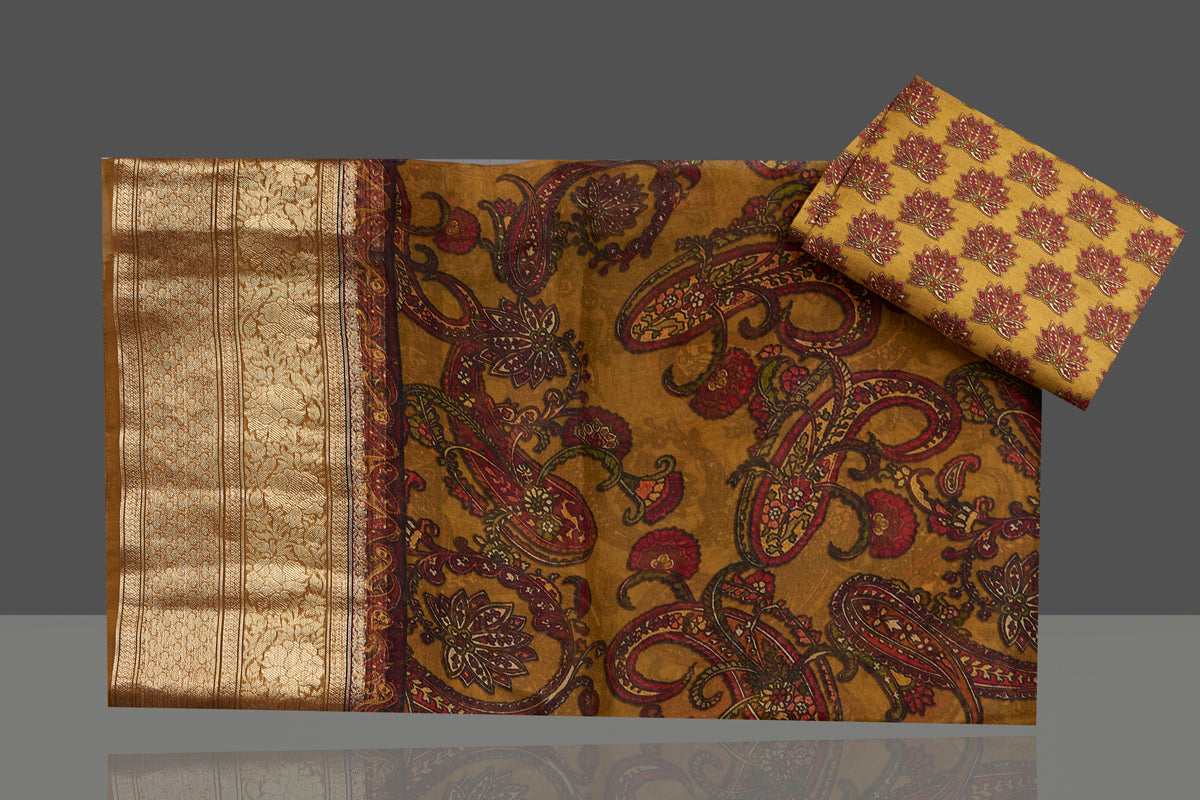 Shop beautiful mustard striped Kora organza saree online in USA with Kanchi border. Be the center of attraction on special occasion in beautiful designer sarees, handloom saris, Kota silk sarees, Banarasi saris, Kanchipuram silk saris from Pure Elegance Indian saree store in USA.-blouse