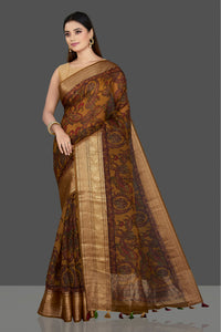 Shop beautiful mustard striped Kora organza saree online in USA with Kanchi border. Be the center of attraction on special occasion in beautiful designer sarees, handloom saris, Kota silk sarees, Banarasi saris, Kanchipuram silk saris from Pure Elegance Indian saree store in USA.-full view