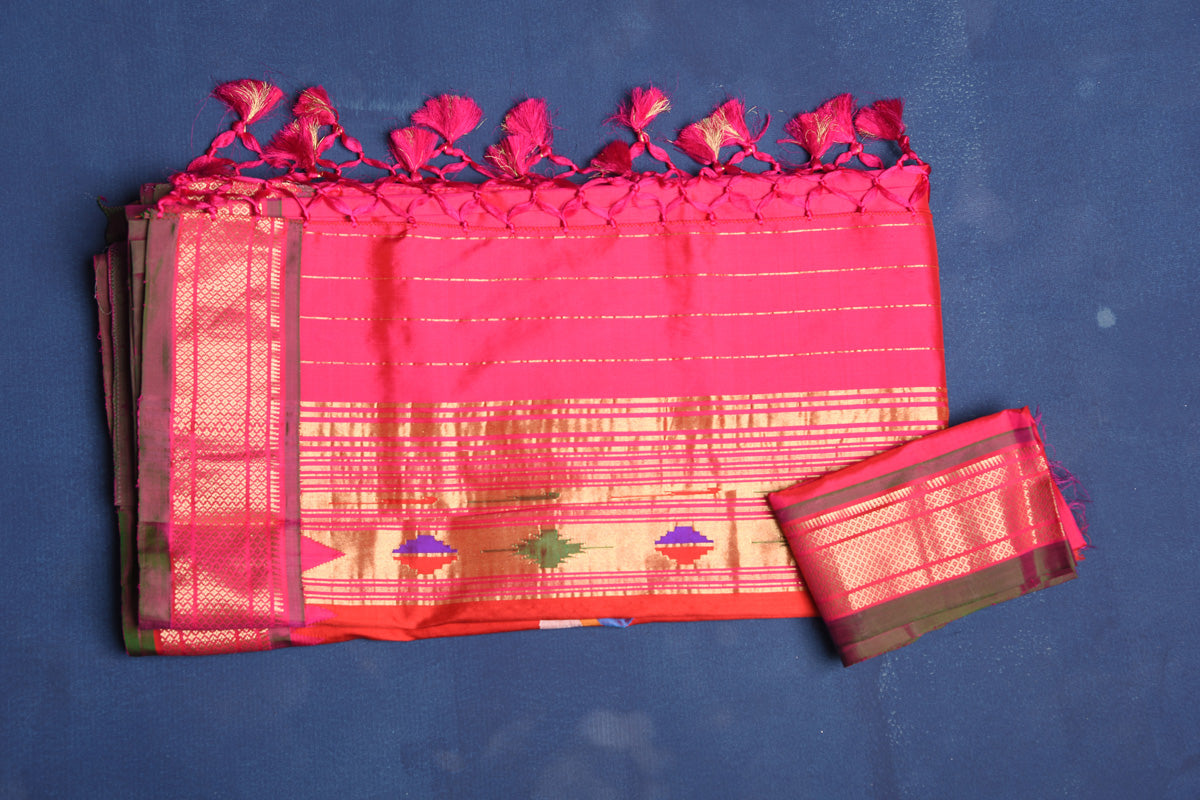 Buy beautiful pink paithani silk saree online in USA with red pallu with nath motifs. Enrich your ethnic wardrobe with traditional Indian sarees, designer sarees. embroidered sarees, pure silk sarees, handwoven sarees, Kanchipuram sarees, Banarasi sarees from Pure Elegance Indian saree store in USA.-blouse