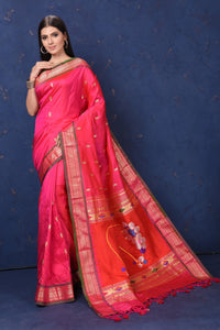 Buy beautiful pink paithani silk saree online in USA with red pallu with nath motifs. Enrich your ethnic wardrobe with traditional Indian sarees, designer sarees. embroidered sarees, pure silk sarees, handwoven sarees, Kanchipuram sarees, Banarasi sarees from Pure Elegance Indian saree store in USA.-full view