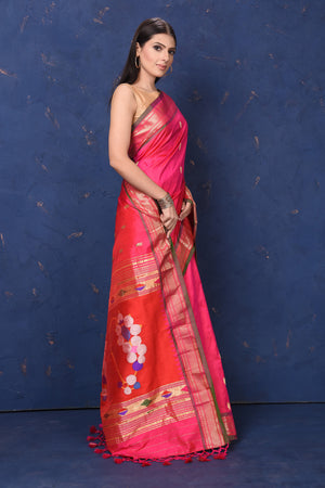 Buy beautiful pink paithani silk saree online in USA with red pallu with nath motifs. Enrich your ethnic wardrobe with traditional Indian sarees, designer sarees. embroidered sarees, pure silk sarees, handwoven sarees, Kanchipuram sarees, Banarasi sarees from Pure Elegance Indian saree store in USA.-side