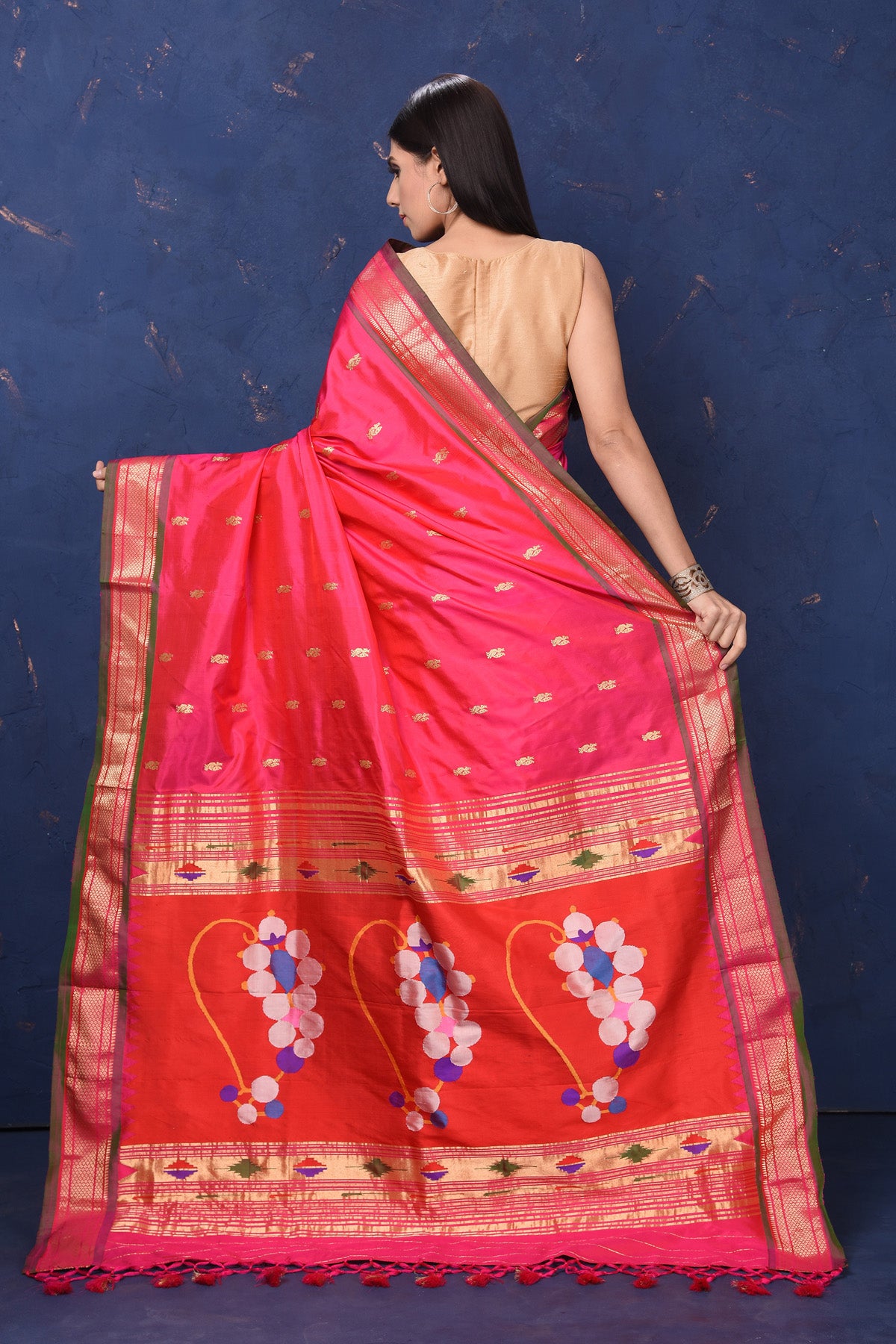 Buy beautiful pink paithani silk saree online in USA with red pallu with nath motifs. Enrich your ethnic wardrobe with traditional Indian sarees, designer sarees. embroidered sarees, pure silk sarees, handwoven sarees, Kanchipuram sarees, Banarasi sarees from Pure Elegance Indian saree store in USA.-back