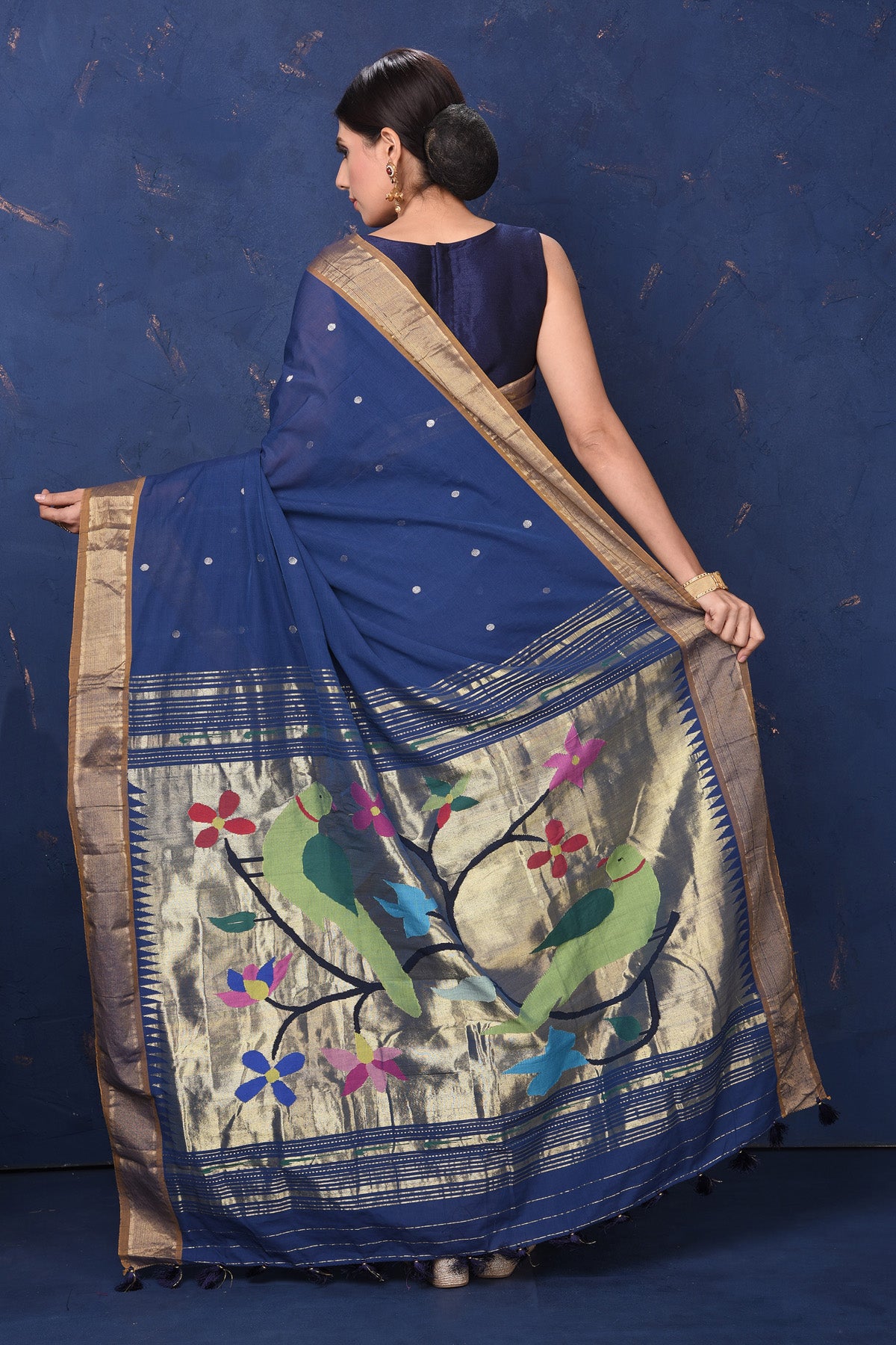 Shop stunning blue paithani cotton saree online in USA with parrot motif pallu. Enrich your ethnic wardrobe with traditional Indian sarees, designer sarees. embroidered sarees, pure silk sarees, handwoven sarees, Kanchipuram saris, Banarasi sarees from Pure Elegance Indian saree store in USA.-back