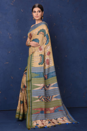Shop gorgeous cream Kalamkari print saree online in USA. Enrich your ethnic wardrobe with traditional Indian sarees, designer sarees. embroidered sarees, pure silk sarees, handwoven sarees, Kanchipuram saris, Banarasi sarees from Pure Elegance Indian saree store in USA.-pallu