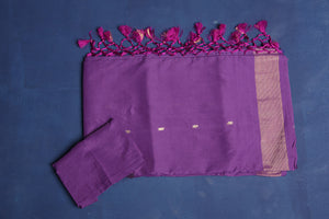 Shop purple paithani cotton saree online in USA with Radhan Krishna motif pallu. Enrich your ethnic wardrobe with traditional Indian sarees, designer sarees. embroidered sarees, pure silk sarees, handwoven sarees, Kanchipuram sarees, Banarasi sarees from Pure Elegance Indian saree store in USA.-blouse