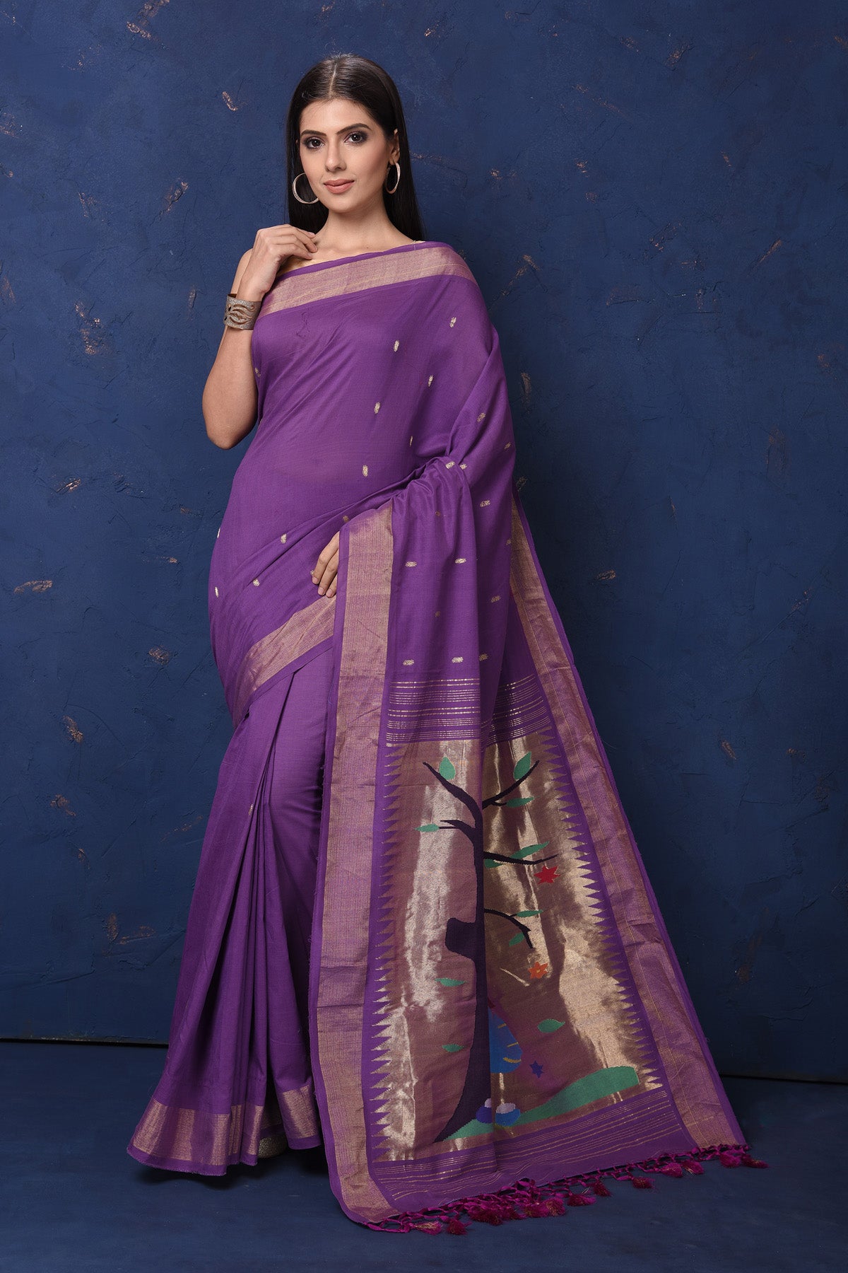 Shop purple paithani cotton saree online in USA with Radhan Krishna motif pallu. Enrich your ethnic wardrobe with traditional Indian sarees, designer sarees. embroidered sarees, pure silk sarees, handwoven sarees, Kanchipuram sarees, Banarasi sarees from Pure Elegance Indian saree store in USA.-full view