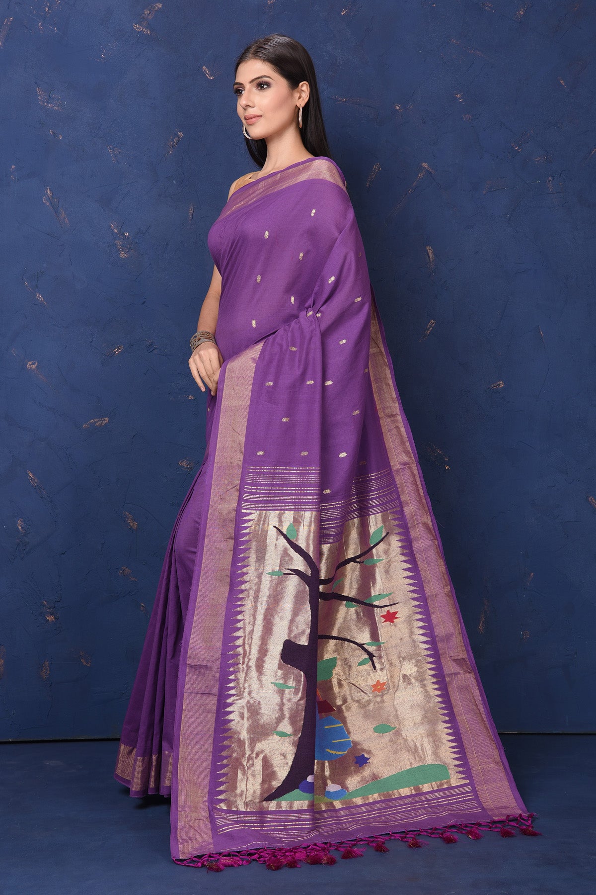 Shop purple paithani cotton saree online in USA with Radhan Krishna motif pallu. Enrich your ethnic wardrobe with traditional Indian sarees, designer sarees. embroidered sarees, pure silk sarees, handwoven sarees, Kanchipuram sarees, Banarasi sarees from Pure Elegance Indian saree store in USA.-pallu