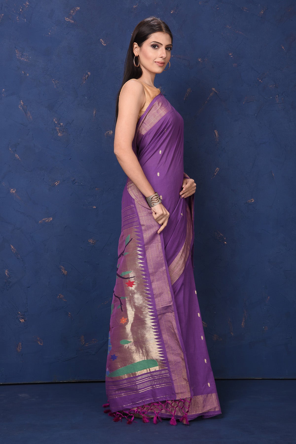 Shop purple paithani cotton saree online in USA with Radhan Krishna motif pallu. Enrich your ethnic wardrobe with traditional Indian sarees, designer sarees. embroidered sarees, pure silk sarees, handwoven sarees, Kanchipuram sarees, Banarasi sarees from Pure Elegance Indian saree store in USA.-side