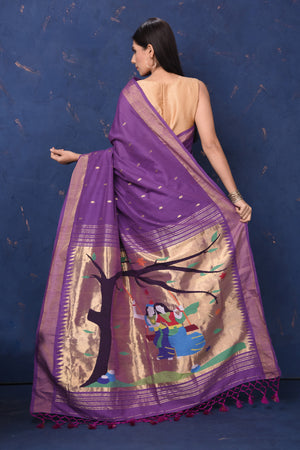 Shop purple paithani cotton saree online in USA with Radhan Krishna motif pallu. Enrich your ethnic wardrobe with traditional Indian sarees, designer sarees. embroidered sarees, pure silk sarees, handwoven sarees, Kanchipuram sarees, Banarasi sarees from Pure Elegance Indian saree store in USA.-back
