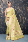 Buy gorgeous pista green georgette tussar silk saree online in USA with zari border. Keep your ethnic wardrobe updated with an exclusive range of designer sarees, pure silk sarees, handloom sarees, embroidered sarees, printed sarees, fancy sari from Pure Elegance Indian fashion store in USA.-full view
