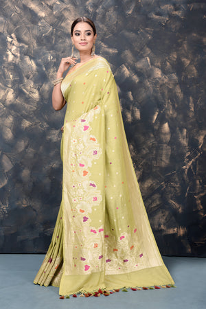 Buy gorgeous pista green georgette tussar silk saree online in USA with zari border. Keep your ethnic wardrobe updated with an exclusive range of designer sarees, pure silk sarees, handloom sarees, embroidered sarees, printed sarees, fancy sari from Pure Elegance Indian fashion store in USA.-pallu