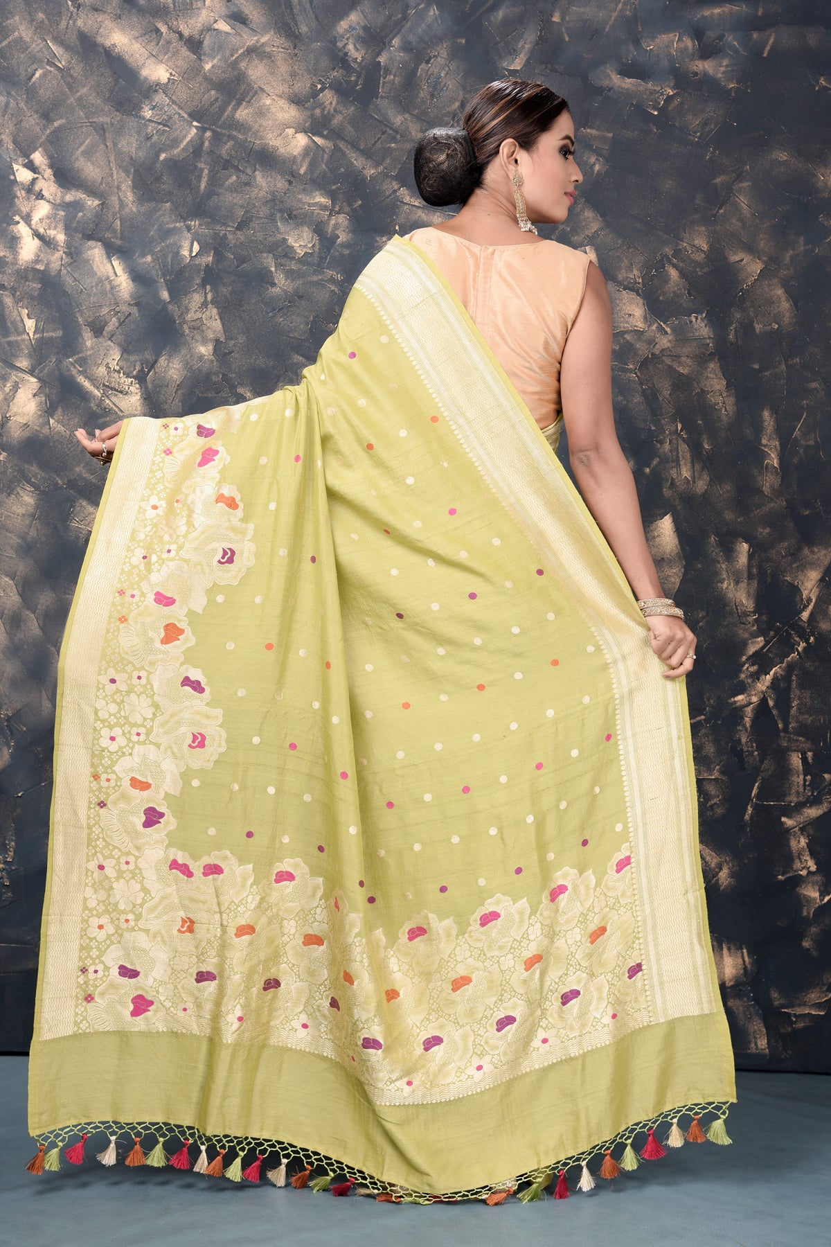 Buy gorgeous pista green georgette tussar silk saree online in USA with zari border. Keep your ethnic wardrobe updated with an exclusive range of designer sarees, pure silk sarees, handloom sarees, embroidered sarees, printed sarees, fancy sari from Pure Elegance Indian fashion store in USA.-back