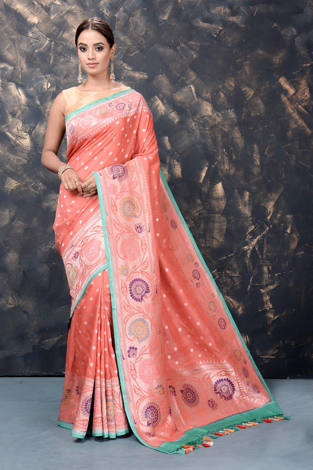 Buy gorgeous coral georgette tussar Paithani silk saree online in USA with zari border. Keep your ethnic wardrobe updated with an exclusive range of designer sarees, pure silk sarees, handloom sarees, embroidered sarees, printed sarees, fancy sari from Pure Elegance Indian fashion store in USA.-full view