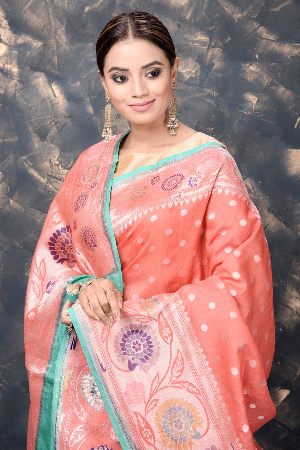 Buy gorgeous coral georgette tussar Paithani silk saree online in USA with zari border. Keep your ethnic wardrobe updated with an exclusive range of designer sarees, pure silk sarees, handloom sarees, embroidered sarees, printed sarees, fancy sari from Pure Elegance Indian fashion store in USA.-closeup