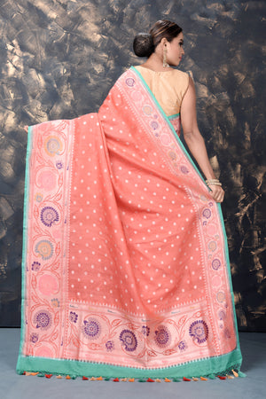 Buy gorgeous coral georgette tussar Paithani silk saree online in USA with zari border. Keep your ethnic wardrobe updated with an exclusive range of designer sarees, pure silk sarees, handloom sarees, embroidered sarees, printed sarees, fancy sari from Pure Elegance Indian fashion store in USA.-back