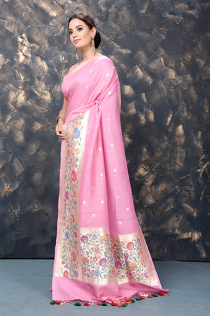 Buy stunning light pink georgette tussar Paithani silk saree online in USA. Keep your ethnic wardrobe updated with an exclusive range of designer sarees, pure silk sarees, handloom sarees, embroidered sarees, printed sarees, fancy sari from Pure Elegance Indian fashion store in USA.-pallu