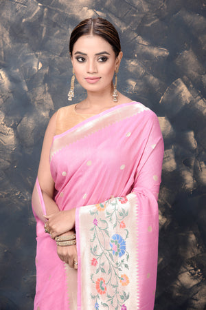Buy stunning light pink georgette tussar Paithani silk saree online in USA. Keep your ethnic wardrobe updated with an exclusive range of designer sarees, pure silk sarees, handloom sarees, embroidered sarees, printed sarees, fancy sari from Pure Elegance Indian fashion store in USA.-closeup