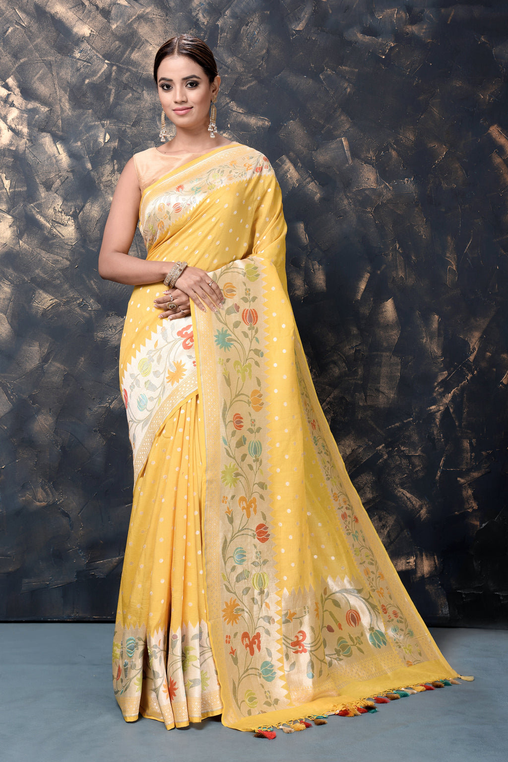 Shop stunning yellow georgette tussar Paithani silk saree online in USA. Keep your ethnic wardrobe updated with an exclusive range of designer sarees, pure silk sarees, handloom sarees, embroidered sarees, printed sarees, fancy sari from Pure Elegance Indian fashion store in USA.-full view