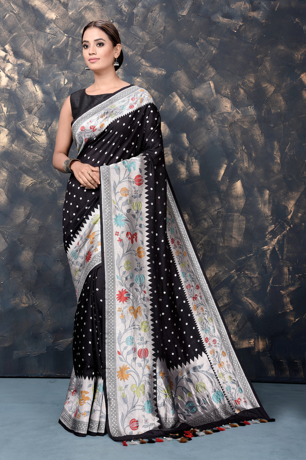 Shop beautiful black georgette tussar Paithani silk sari online in USA with zari border. Keep your ethnic wardrobe updated with an exclusive range of designer sarees, pure silk sarees, handloom sarees, embroidered sarees, printed sarees, fancy sari from Pure Elegance Indian fashion store in USA.-full view