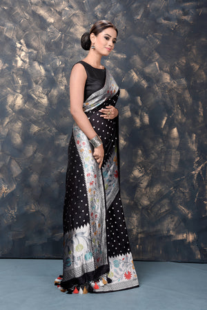 Shop beautiful black georgette tussar Paithani silk sari online in USA with zari border. Keep your ethnic wardrobe updated with an exclusive range of designer sarees, pure silk sarees, handloom sarees, embroidered sarees, printed sarees, fancy sari from Pure Elegance Indian fashion store in USA.-side