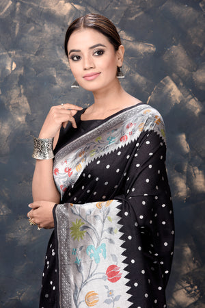 Shop beautiful black georgette tussar Paithani silk sari online in USA with zari border. Keep your ethnic wardrobe updated with an exclusive range of designer sarees, pure silk sarees, handloom sarees, embroidered sarees, printed sarees, fancy sari from Pure Elegance Indian fashion store in USA.-closeup