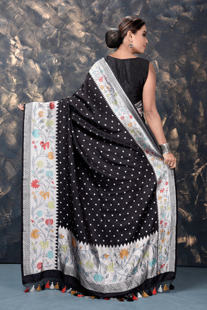 Shop beautiful black georgette tussar Paithani silk sari online in USA with zari border. Keep your ethnic wardrobe updated with an exclusive range of designer sarees, pure silk sarees, handloom sarees, embroidered sarees, printed sarees, fancy sari from Pure Elegance Indian fashion store in USA.-back