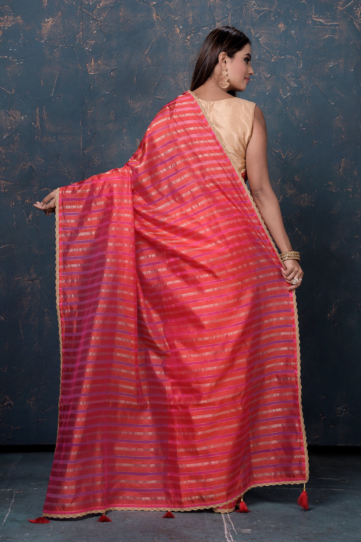 Shop beautiful red striped tissue organza saree online in USA. Enrich your ethnic wardrobe with traditional Indian sarees, designer sarees. embroidered sarees, pure silk sarees, handwoven sarees, Kanchipuram saris, Banarasi sarees from Pure Elegance Indian saree store in USA.-back