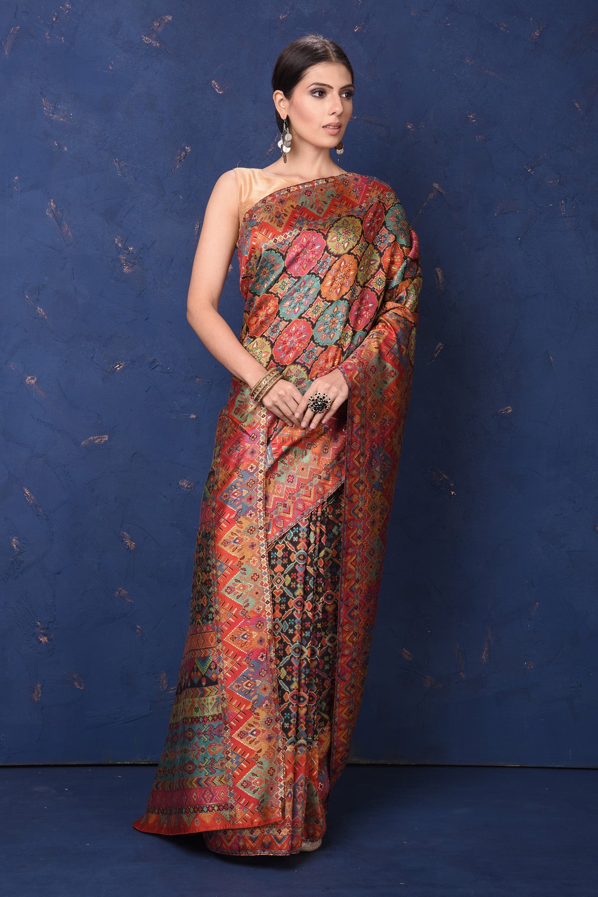 Shop stunning multicolor Kani weave saree online in USA. Buy latest designer sarees, handloom saris, embroidered sarees, Bollywood sarees, fancy sarees for special occasions from Pure Elegance Indian fashion store in USA. Shop soft silk sarees, pure Banarasi sarees, cotton sarees, georgette sarees. -front