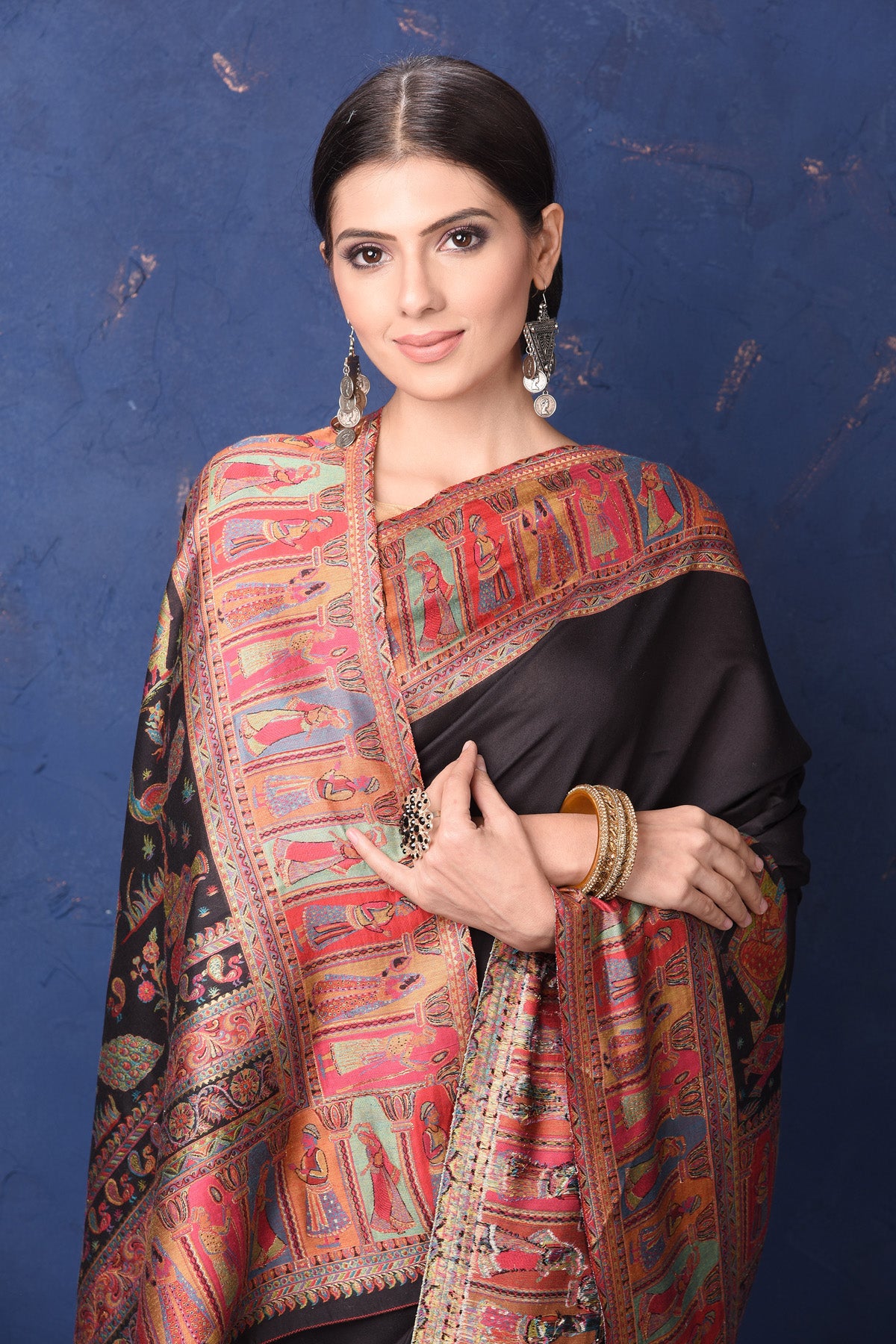 Shop stunning black tussar muga silk saree online in USA with Kani border. Buy latest designer sarees, handloom saris, embroidered sarees, Bollywood sarees, fancy sarees for special occasions from Pure Elegance Indian fashion store in USA. Shop soft silk sarees, pure Banarasi sarees, cotton sarees, georgette sarees. -closeup