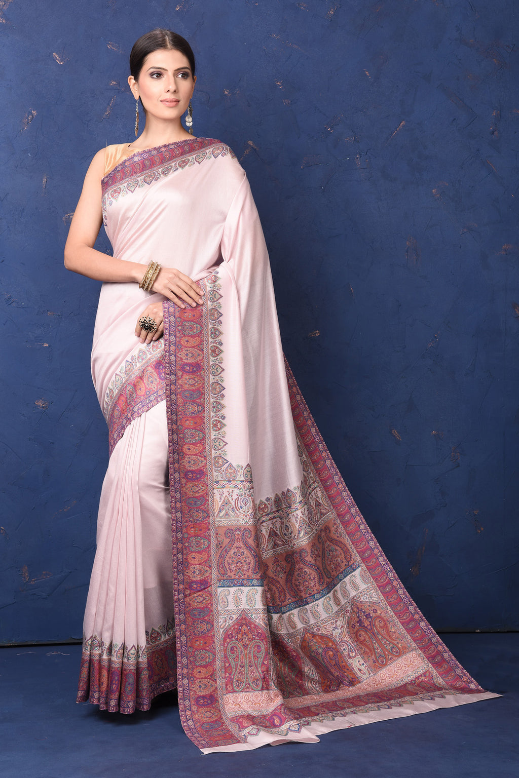 Buy stunning cream tussar muga silk saree online in USA with Kani border. Buy latest designer sarees, handloom saris, embroidered sarees, Bollywood sarees, fancy sarees for special occasions from Pure Elegance Indian fashion store in USA. Shop soft silk sarees, pure Banarasi sarees, cotton sarees, georgette sarees. -full view