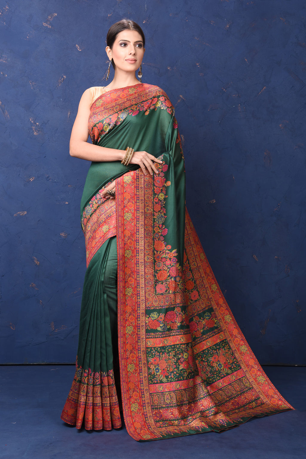 Shop gorgeous red tussar muga silk sari online in USA with Kani border. Buy latest designer sarees, handloom saris, embroidered sarees, Bollywood sarees, fancy sarees for special occasions from Pure Elegance Indian fashion store in USA. Shop soft silk sarees, pure Banarasi sarees, cotton sarees, georgette sarees.-full view