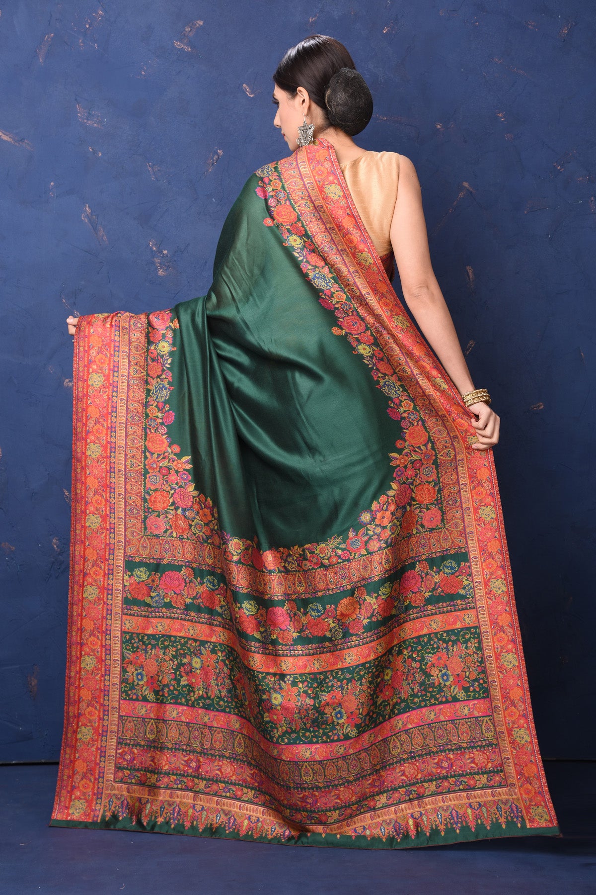 Shop gorgeous red tussar muga silk sari online in USA with Kani border. Buy latest designer sarees, handloom saris, embroidered sarees, Bollywood sarees, fancy sarees for special occasions from Pure Elegance Indian fashion store in USA. Shop soft silk sarees, pure Banarasi sarees, cotton sarees, georgette sarees.-back