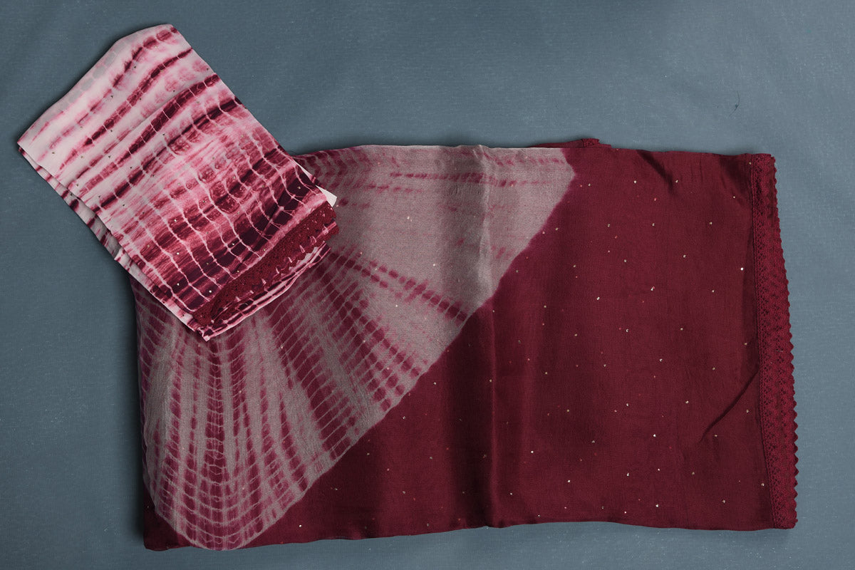 Shop beautiful maroon Bandhej organza sari online in USA. Enrich your ethnic wardrobe with traditional Indian sarees, designer sarees. embroidered sarees, pure silk sarees, handwoven sarees, Kanchipuram sarees, Banarasi saris from Pure Elegance Indian saree store in USA.-blouse
