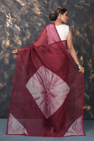 Shop beautiful maroon Bandhej organza sari online in USA. Enrich your ethnic wardrobe with traditional Indian sarees, designer sarees. embroidered sarees, pure silk sarees, handwoven sarees, Kanchipuram sarees, Banarasi saris from Pure Elegance Indian saree store in USA.-back