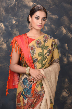 Shop yellow Kanjivaram sari online in USA with pen Kalamkari print. Enrich your ethnic wardrobe with traditional Indian sarees, designer sarees. embroidered sarees, pure silk sarees, handwoven sarees, Kanchipuram sarees, Banarasi saris from Pure Elegance Indian saree store in USA.-closeup