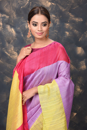 Buy beautiful lavender color matka silk sari online in USA with yellow and pink border. Enrich your ethnic wardrobe with traditional Indian sarees, designer sarees. embroidered sarees, pure silk sarees, handwoven sarees, Kanchipuram sarees, Banarasi saris from Pure Elegance Indian saree store in USA.-closeup