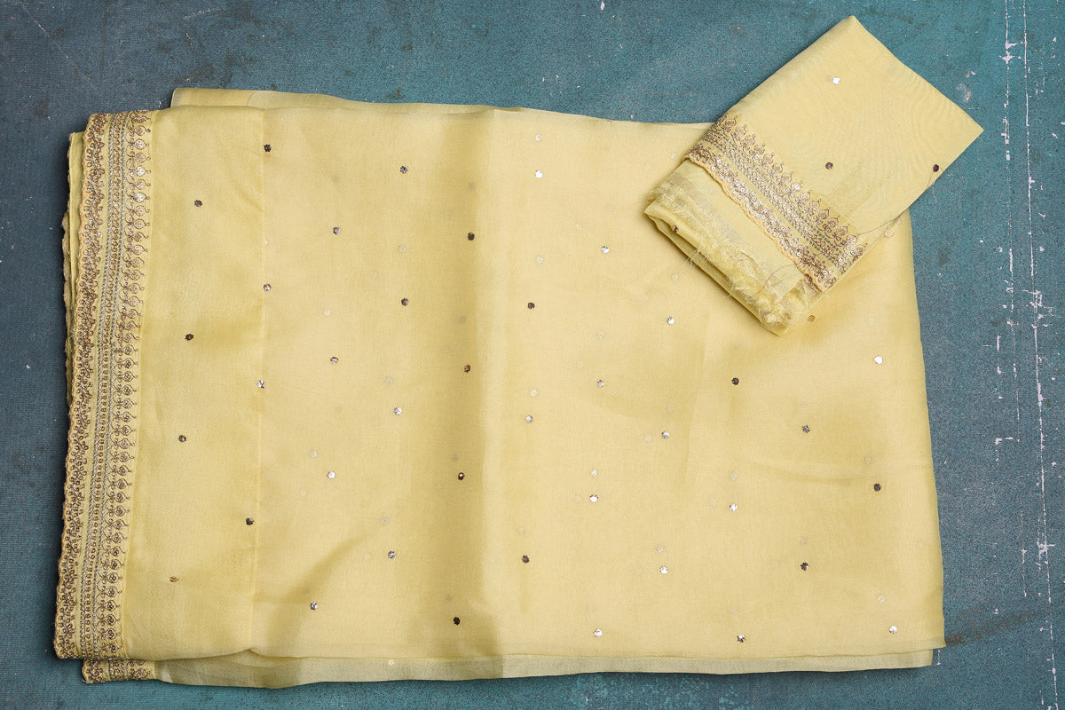 Buy beautiful light yellow organza saree online in USA with embroidered border. Enrich your ethnic wardrobe with traditional Indian sarees, designer sarees. embroidered sarees, pure silk sarees, handwoven sarees, Kanchipuram sarees, Banarasi saris from Pure Elegance Indian saree store in USA.-blouse
