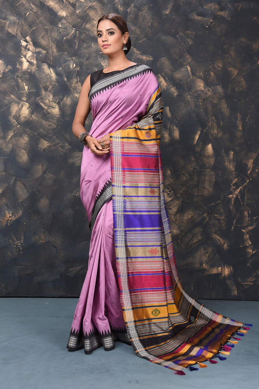 Buy stunning lavender Behrampur silk saree online in USA with thread work border and mutlicolor pallu. Enrich your ethnic wardrobe with traditional Indian sarees, designer sarees. embroidered sarees, pure silk sarees, handwoven sarees, Kanchipuram sarees, Banarasi saris from Pure Elegance Indian saree store in USA.-full view