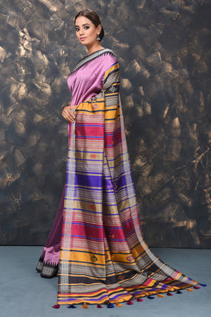 Buy stunning lavender Behrampur silk saree online in USA with thread work border and mutlicolor pallu. Enrich your ethnic wardrobe with traditional Indian sarees, designer sarees. embroidered sarees, pure silk sarees, handwoven sarees, Kanchipuram sarees, Banarasi saris from Pure Elegance Indian saree store in USA.-pallu