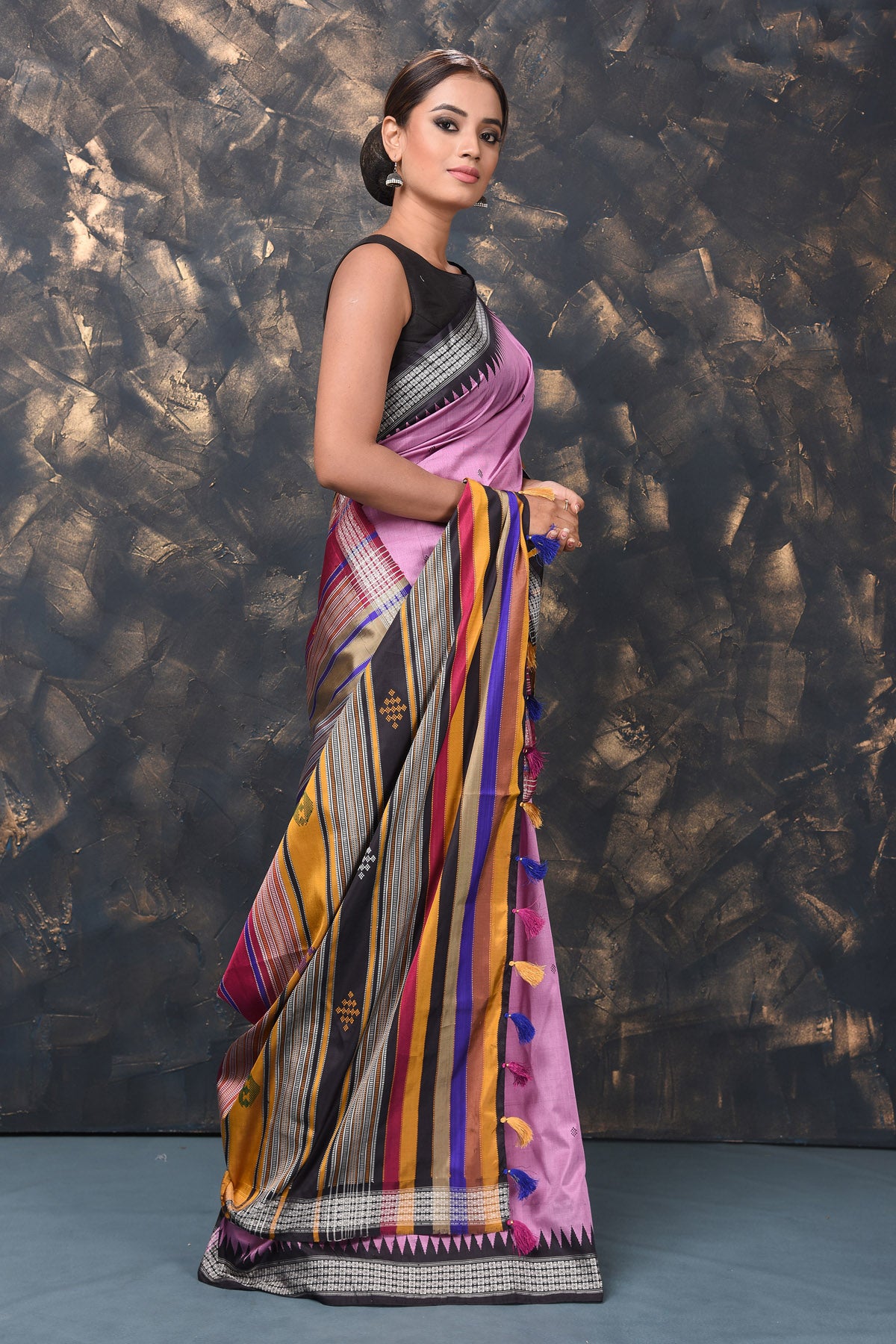 Buy stunning lavender Behrampur silk saree online in USA with thread work border and mutlicolor pallu. Enrich your ethnic wardrobe with traditional Indian sarees, designer sarees. embroidered sarees, pure silk sarees, handwoven sarees, Kanchipuram sarees, Banarasi saris from Pure Elegance Indian saree store in USA.-side