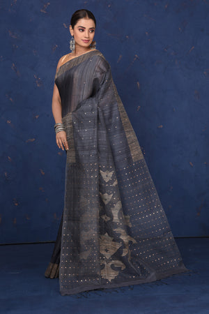 Buy beautiful dark grey embellished matka silk saree online in USA. Look elegant on festive occasions in exclusive silk sarees, matka sarees, handwoven sarees, embroidered sarees, designer sarees from Pure Elegance Indian saree store in USA.-pallu