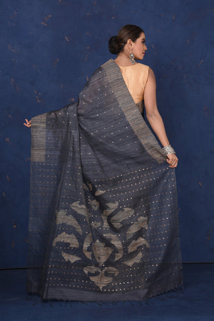 Buy beautiful dark grey embellished matka silk saree online in USA. Look elegant on festive occasions in exclusive silk sarees, matka sarees, handwoven sarees, embroidered sarees, designer sarees from Pure Elegance Indian saree store in USA.-back