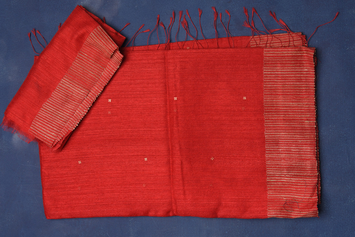 Shop stunning red embellished matka silk sari online in USA. Look elegant on festive occasions in exclusive silk sarees, matka sarees, handwoven sarees, embroidered sarees, designer sarees from Pure Elegance Indian saree store in USA.-blouse