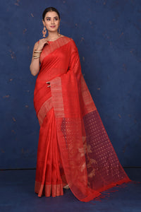 Shop stunning red embellished matka silk sari online in USA. Look elegant on festive occasions in exclusive silk sarees, matka sarees, handwoven sarees, embroidered sarees, designer sarees from Pure Elegance Indian saree store in USA.-full view